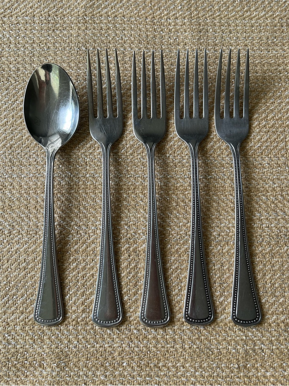 Oneida Needlepoint-Beaded Artistry (Stainless) Dinner Forks and Soup Spoon